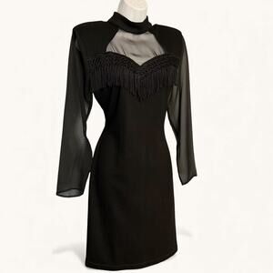 Vintage Hearts Black Fringe Dress Sheer Bodice Stretch Knit Sz 7/8 Late 80s 90s